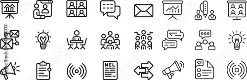 Corporate communication and business presentation line icon set for professional team meetings
