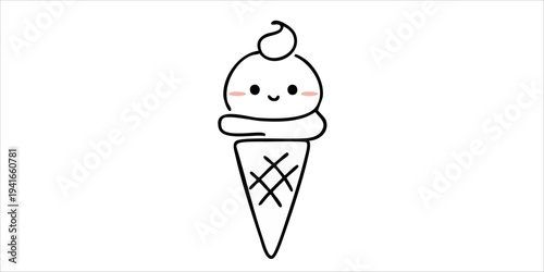 Simple black and white illustration of a smiling ice cream cone.