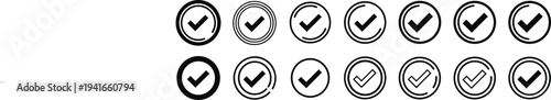 Check Mark Verification Badge Icon Set with Approved Success Symbols for Confirmation Status, Completed Tasks, Validation Marks and User Interface Design