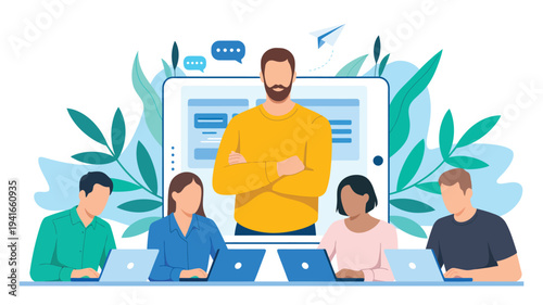 online team collaboration and leadership concept with mentor guiding group of professionals using laptops digital communication flat vector illustration