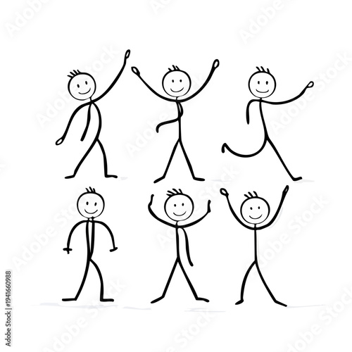 Simple stick figure men celebrating and rejoicing in various poses.