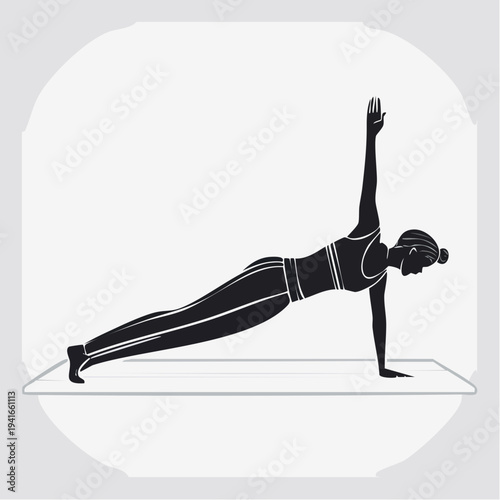 Silhouette of a woman performing a side plank yoga pose on a mat