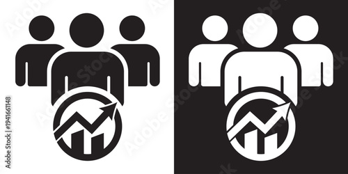 People silhouettes with a rising bar chart and arrow. Symbolizes team success, business growth, performance analytics, and collective progress. High-contrast vector icons.