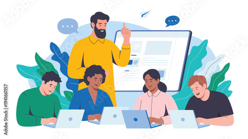 team collaboration online learning concept with mentor teaching group of students using laptops digital education discussion flat vector illustration