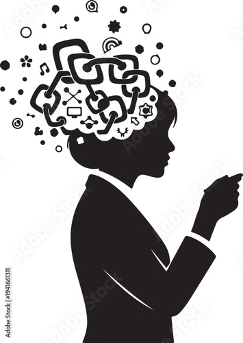 Silhouette of an entrepreneur woman with a mind full of interconnected ideas, digital concepts, and thoughts, pointing forward.