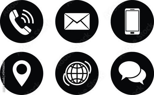 Communication and Contact Icon Set with Phone Call, Email, Mobile, Location, Globe Network, and Chat Message Symbols for Digital Interface Design