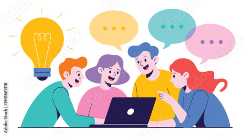 team brainstorming creative idea collaboration concept with light bulb innovation discussion startup teamwork planning meeting flat vector illustration