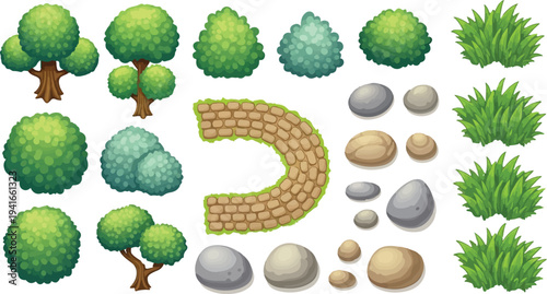 Set of Green Cartoon Trees, Bushes, Grass, Stones, and Cobblestone Path Vector isolated PNG with Transparent Background