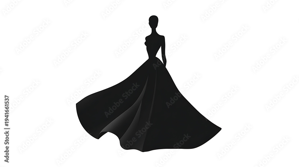 Naklejka premium A fashion illustration silhouette in black depicting a elegant gown. The gown has a flowing skirt. The silhouette is of a woman.