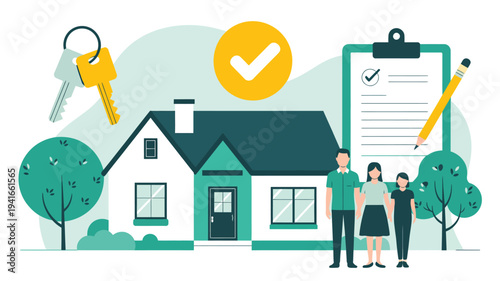 family home insurance protection concept with house keys checklist and approval symbol property security coverage mortgage safety flat vector illustration