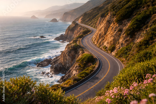 Winding asphalt highway hugging a steep rocky coastline above crashing ocean waves at golden hour