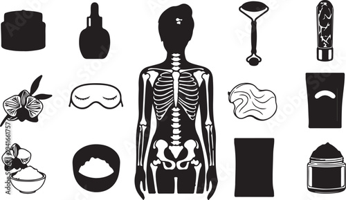 Set of 15 black silhouette health and beauty vector icons including human skeleton, skincare products, and wellness tools for spa and cosmetic designs isolated PNG with Transparent Background