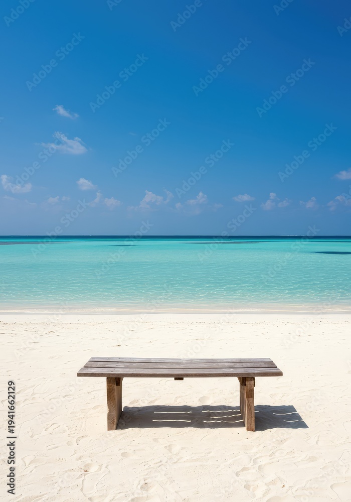 Fototapeta premium An idyllic wooden bench sits on white sand overlooking crystal clear turquoise ocean water, promising tranquility and the ultimate tropical escape ,blue ,wooden ,resort
