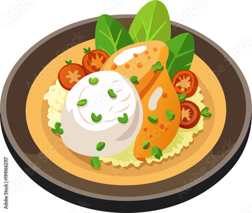 Rice with white chicken meat, herbs and vegetables. Marinated fried chicken with rice on a flat plate. , white background.