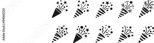 Party Popper Confetti Icon Set with Celebration Burst Symbols for Birthday Party, Festival Events, Congratulations and Festive Decoration Design