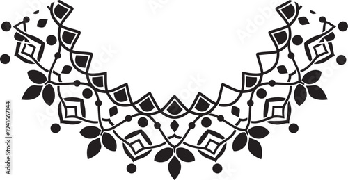 Ornamental black and white ethnic neckline pattern with leaves and geometric shapes for embroidery.