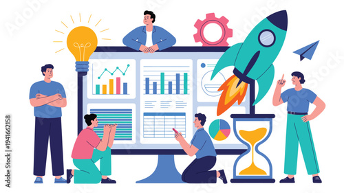 business analytics and startup growth concept with team analyzing charts rocket launch strategy planning flat vector illustration