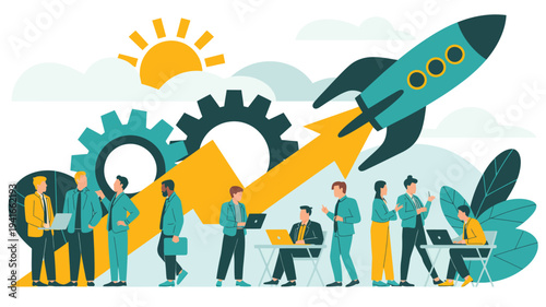business startup concept with rocket launch teamwork innovation strategy growth and development flat vector illustration