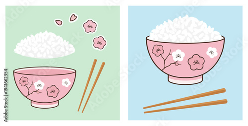 Rice bowl with sakura flower design and chopsticks illustration set.