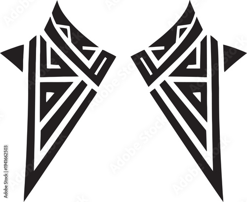 Symmetric black tribal tattoo design with geometric patterns for modern body art and graphic element.