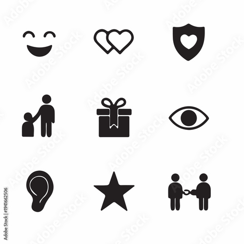 Vector illustration of a wedding icon set featuring a romantic couple and heart symbols for marriage and family design concepts