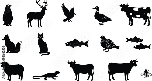 Animal silhouettes collection featuring penguin, deer, bird, duck, cow, fox, cat, fish, quail, sheep, lizard, and fly