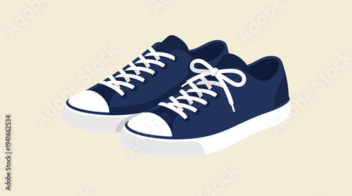 Navy blue sneakers with white laces and soles on a beige background.