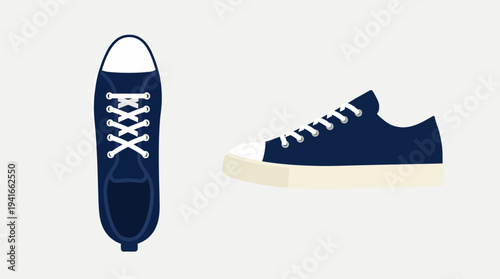 Navy blue sneakers with white laces and soles.