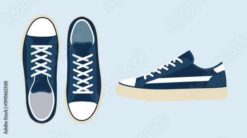 Navy blue sneakers with white laces and soles on light blue background.