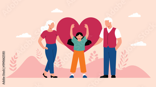 happy child with grandparents standing with heart symbol family love care support relationship bonding flat vector illustration