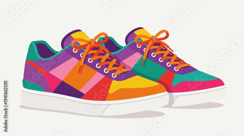 Vibrant multicolored sneakers with geometric patchwork design and orange laces.