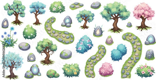 Set of 40 Fantasy Game Environment Vector Assets with Trees, Bushes, Rocks, and Stone Paths isolated PNG with Transparent Background
