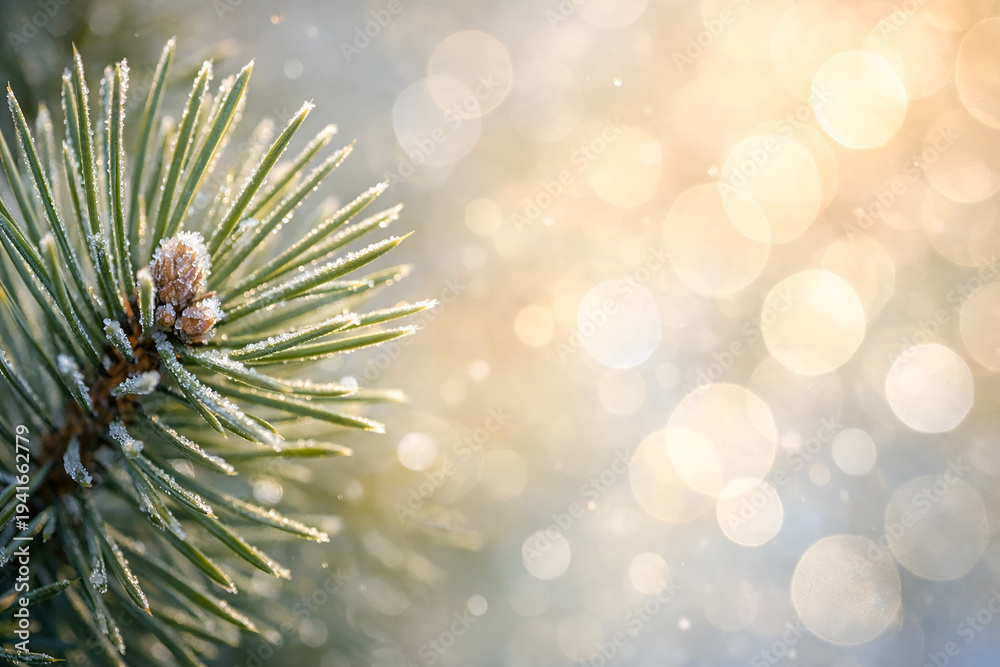 Fototapeta premium Close-up of a green pine branch covered in frost and ice crystals against a bright glowing winter bokeh background