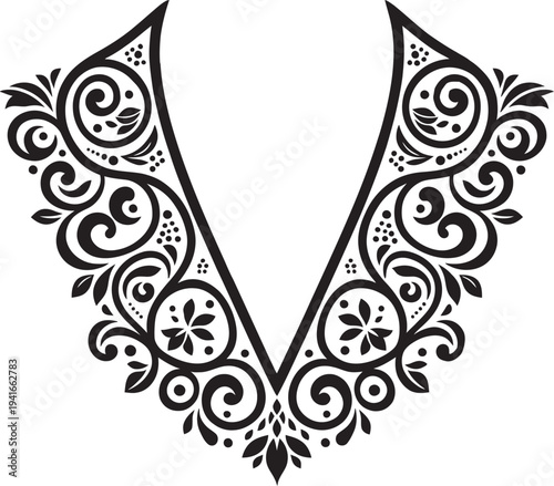 Decorative v-neck collar pattern with floral scrolls and ethnic motifs for apparel and dress design.