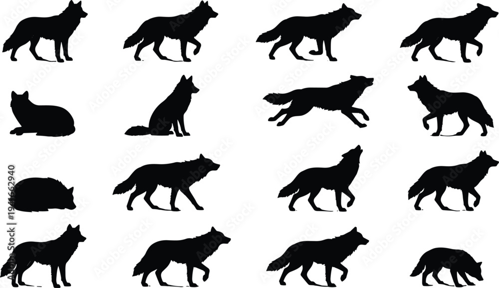 Obraz premium Collection of wolf silhouettes in various poses including standing, running, sitting, lying down, perfect for wildlife design illustrations
