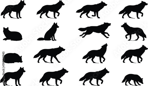 Collection of wolf silhouettes in various poses including standing, running, sitting, lying down, perfect for wildlife design illustrations