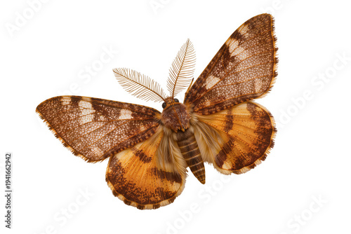 Schilderij op canvas Detailed brown and orange moth with intricate wing patterns and feathery antenna