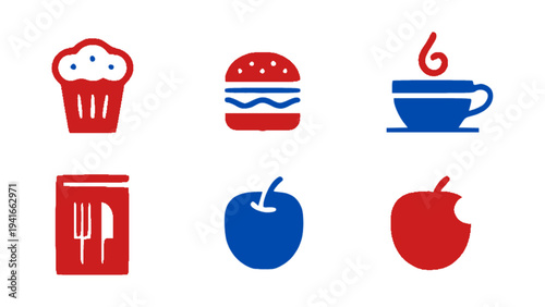 Flat food icons featuring burger, cupcake, coffee cup, apple, and dining utensils.