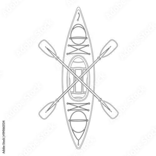 Kayak with Crossed Paddles Outline, Canoe Adventure Vector Icon