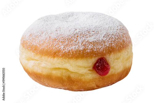 Freshly baked golden jelly donut, generously coated with powdered sugar and showcasing a vibrant red fruit filling, isolated PNG for sweet bakery designs