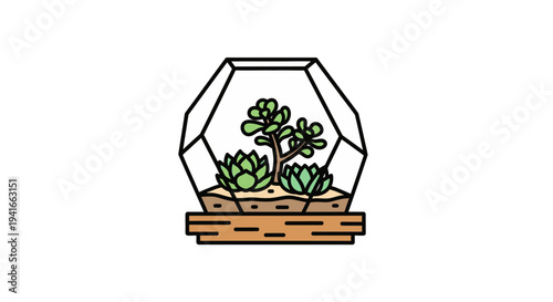 A miniature terrarium featuring succulent plants within a geometric glass container, perfect for home decor.