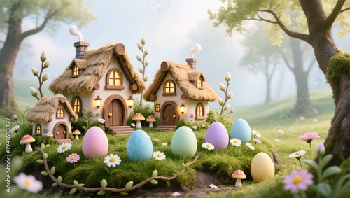 Magical Easter Village with Pastel Eggs and Fairy Tale Spring Cottages