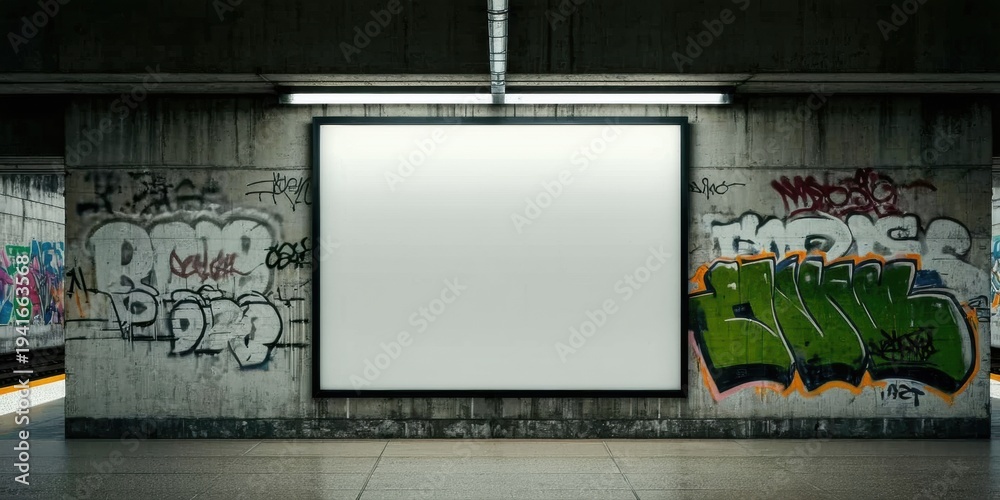 Fototapeta premium Subway station interior. Blank billboard centered on graffiti covered concrete wall. Dim lighting creates dramatic effect. Empty space dominates scene.
