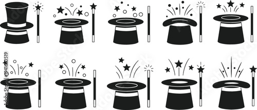Magic Hat and Wand Icon Set with Sparkle Stars for Magician Tricks, Fantasy Illusion Symbols, Entertainment Show Concepts, and Creative Design