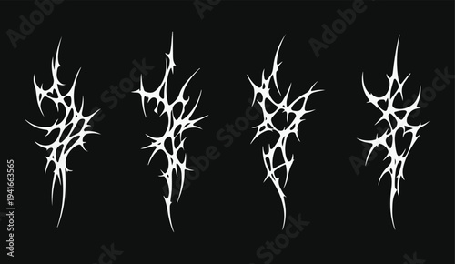 Set of Sharp Neo-Tribal Tattoo Flash Graphics in Cybersigilism Style Vector, Professional set of sharp black neo-tribal tattoo flash graphics featuring flowing aggressive lines and thorny abstract.