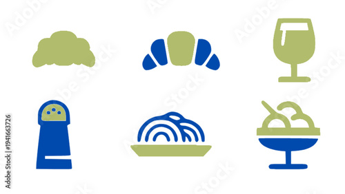 Simple food icons including croissant, spaghetti bowl, dessert cup, salt shaker, and wine glass.