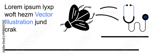 Healthcare, disease vector, health risks, environmental monitoring, pest control, public health. A fly approaching a stethoscope. Healthcare and disease vector concept