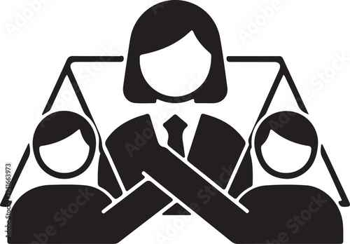 Entrepreneur woman leading or mediating two individuals, with a balance scale design symbolizing fairness and business resolution.