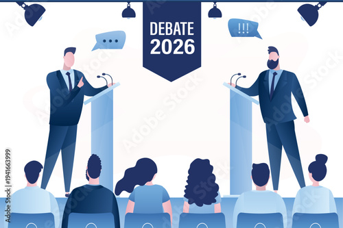 Debate 2026 before vote. Leaders of opposing political parties talking on public debates. Two politicians debate on rostrum. Gender equality. Election campaign banner.