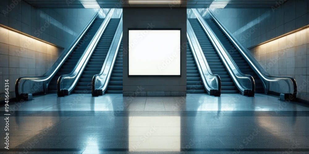 Fototapeta premium Subway station interior features escalators, blank billboard. Cool lighting creates dramatic perspective, modern design. Clean lines, symmetrical composition.